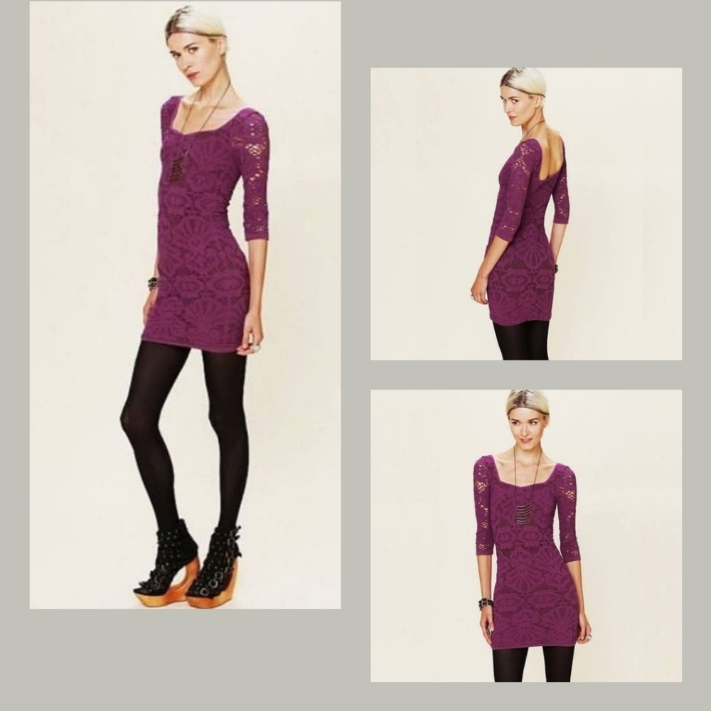 🔥🔥$8.00 Free People Fuchsia Lace Long Sleeve Dress. NWT Size XS/S - Picture 4 of 12